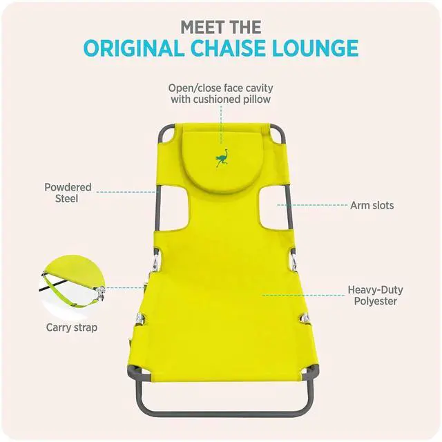 Alt view image 6 of 7 - Ostrich the Original Chaise 72 x 22 Inch Lounge Portable Reclining Lounger, Outdoor Patio, Beach, Lawn, Camping, or Pool Tanning Chair, Lime Green