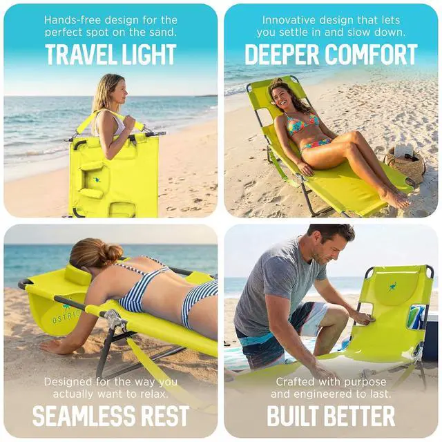 Alt view image 7 of 7 - Ostrich the Original Chaise 72 x 22 Inch Lounge Portable Reclining Lounger, Outdoor Patio, Beach, Lawn, Camping, or Pool Tanning Chair, Lime Green