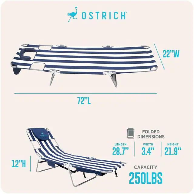 Alt view image 2 of 7 - Ostrich the Backpack Chaise Lounge, Folding & Reclining Outdoor Beach Chaise Lounger Chair for Lawn, Pool, Patio, Garden, and Yard, Blue Stripe