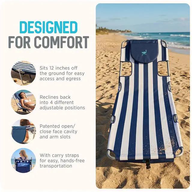 Alt view image 5 of 7 - Ostrich the Backpack Chaise Lounge, Folding & Reclining Outdoor Beach Chaise Lounger Chair for Lawn, Pool, Patio, Garden, and Yard, Blue Stripe