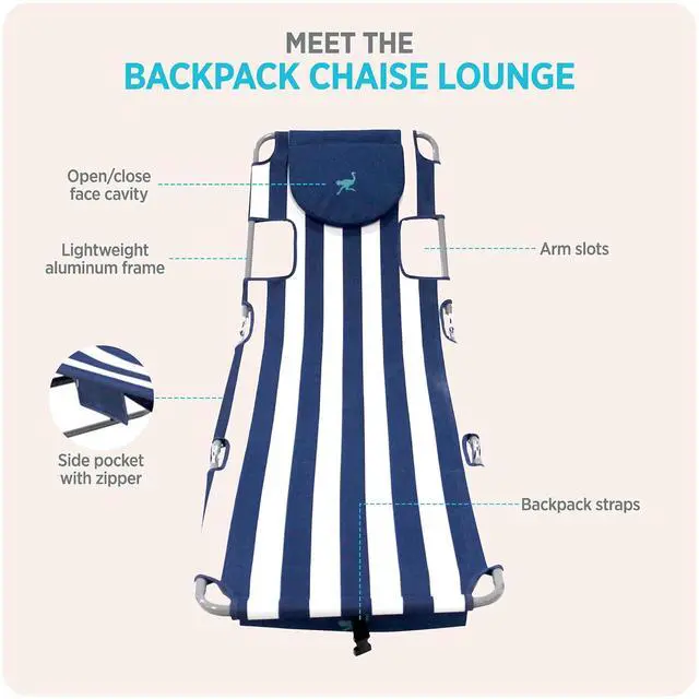 Alt view image 6 of 7 - Ostrich the Backpack Chaise Lounge, Folding & Reclining Outdoor Beach Chaise Lounger Chair for Lawn, Pool, Patio, Garden, and Yard, Blue Stripe