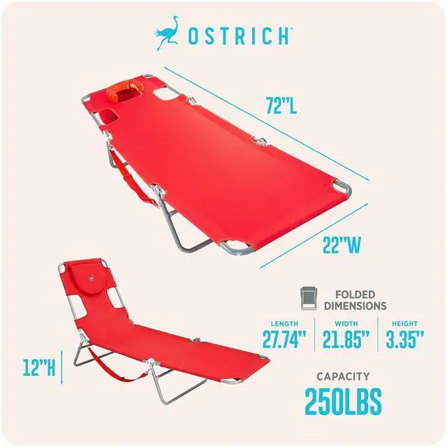 Alt view image 3 of 7 - Ostrich The Original Chaise Lounge 72 x 22 Inch Portable Reclining Lounger | Outdoor Patio, Beach, Lawn, Camping, or Pool Tanning Chair, Red