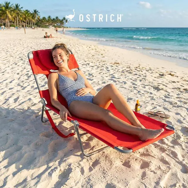 Alt view image 2 of 7 - Ostrich The Original Chaise Lounge 72 x 22 Inch Portable Reclining Lounger | Outdoor Patio, Beach, Lawn, Camping, or Pool Tanning Chair, Red