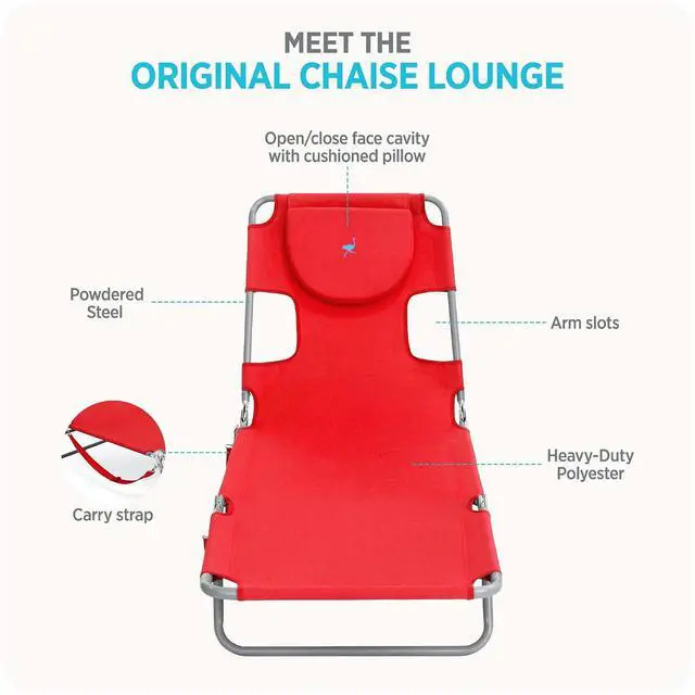 Alt view image 7 of 7 - Ostrich The Original Chaise Lounge 72 x 22 Inch Portable Reclining Lounger | Outdoor Patio, Beach, Lawn, Camping, or Pool Tanning Chair, Red