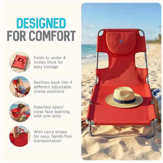 Alt view image 6 of 7 - Ostrich The Original Chaise Lounge 72 x 22 Inch Portable Reclining Lounger | Outdoor Patio, Beach, Lawn, Camping, or Pool Tanning Chair, Red