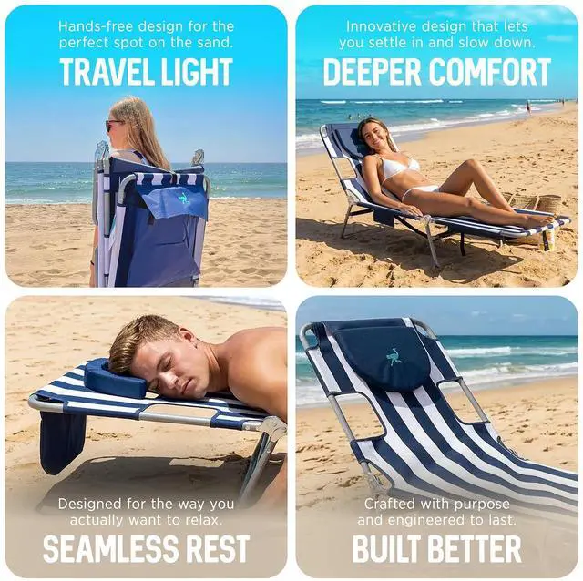 Alt view image 7 of 7 - Ostrich the Backpack Chaise Lounge, Folding & Reclining Outdoor Beach Chaise Lounger Chair for Lawn, Pool, Patio, Garden, and Yard, Blue Stripe