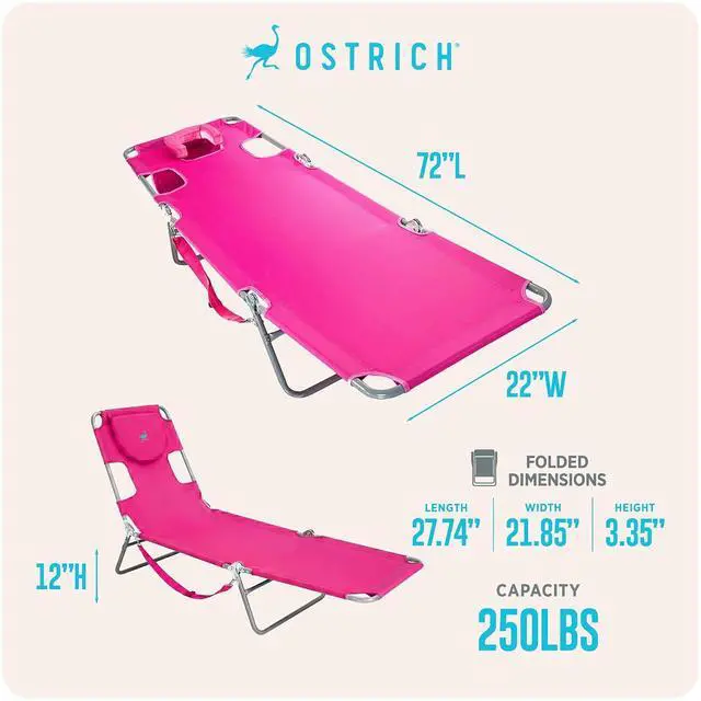 Alt view image 2 of 7 - Ostrich the Original Chaise 72 x 22 Inch Lounge Portable Reclining Lounger, Outdoor Patio, Beach, Lawn, Camping, or Pool Tanning Chair, Pink