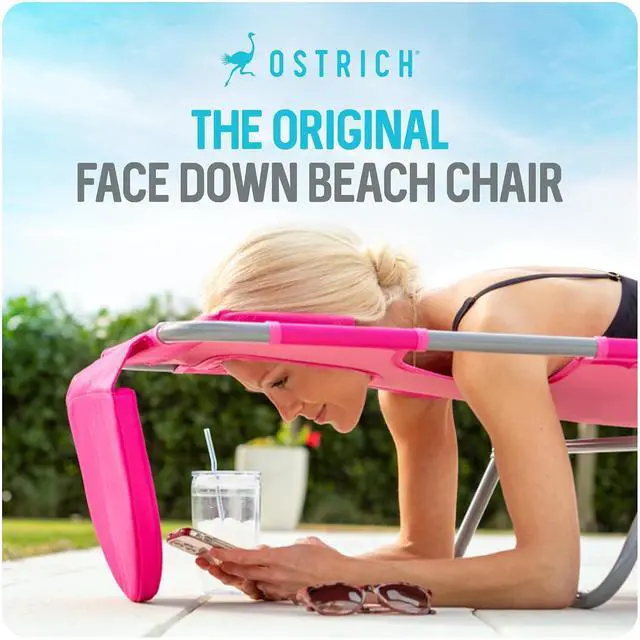 Alt view image 4 of 7 - Ostrich the Original Chaise 72 x 22 Inch Lounge Portable Reclining Lounger, Outdoor Patio, Beach, Lawn, Camping, or Pool Tanning Chair, Pink