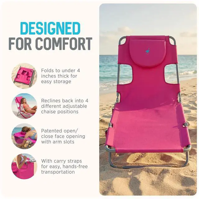 Alt view image 5 of 7 - Ostrich the Original Chaise 72 x 22 Inch Lounge Portable Reclining Lounger, Outdoor Patio, Beach, Lawn, Camping, or Pool Tanning Chair, Pink