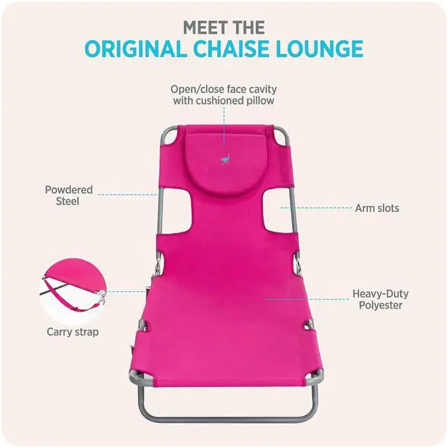 Alt view image 6 of 7 - Ostrich the Original Chaise 72 x 22 Inch Lounge Portable Reclining Lounger, Outdoor Patio, Beach, Lawn, Camping, or Pool Tanning Chair, Pink