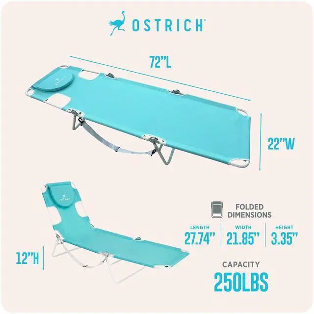 Alt view image 3 of 7 - Ostrich The Original Chaise Lounge 72 x 22 Inch Portable Reclining Lounger | Outdoor Patio, Beach, Lawn, Camping, or Pool Tanning Chair, Aqua