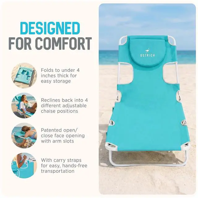 Alt view image 6 of 7 - Ostrich The Original Chaise Lounge 72 x 22 Inch Portable Reclining Lounger | Outdoor Patio, Beach, Lawn, Camping, or Pool Tanning Chair, Aqua