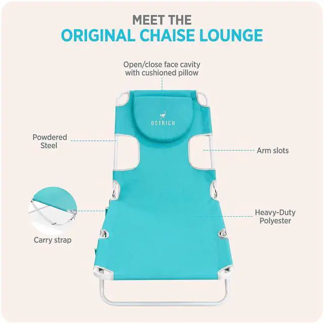 Alt view image 7 of 7 - Ostrich The Original Chaise Lounge 72 x 22 Inch Portable Reclining Lounger | Outdoor Patio, Beach, Lawn, Camping, or Pool Tanning Chair, Aqua