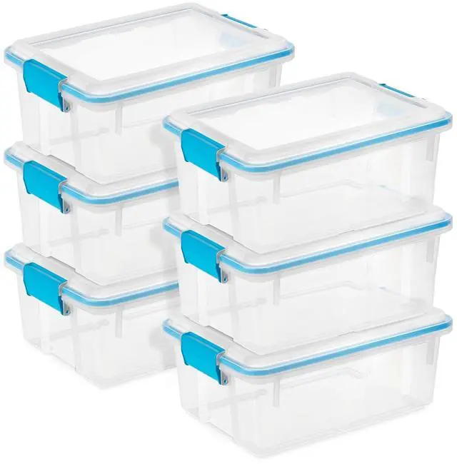 Main image of Sterilite Gasket Storage Box with Lids for Home & Office, 12 Quart, 6-Pack | Heavy-Duty, Stackable, and Organizing Containers for Bathroom, Cabinet, Closet, and Garage, Clear and Blue Aquarium Latches