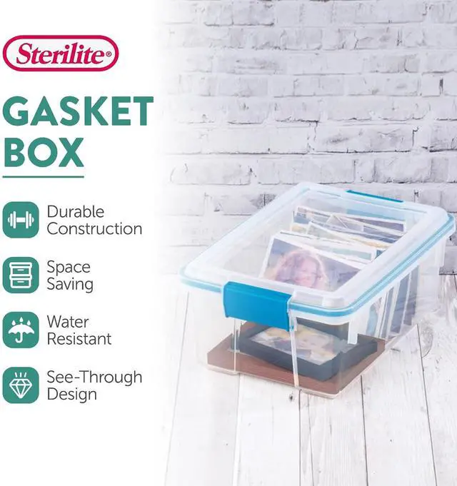 Alt view image 3 of 7 - Sterilite Gasket Storage Box with Lids for Home & Office, 12 Quart, 6-Pack | Heavy-Duty, Stackable, and Organizing Containers for Bathroom, Cabinet, Closet, and Garage, Clear and Blue Aquarium Latches