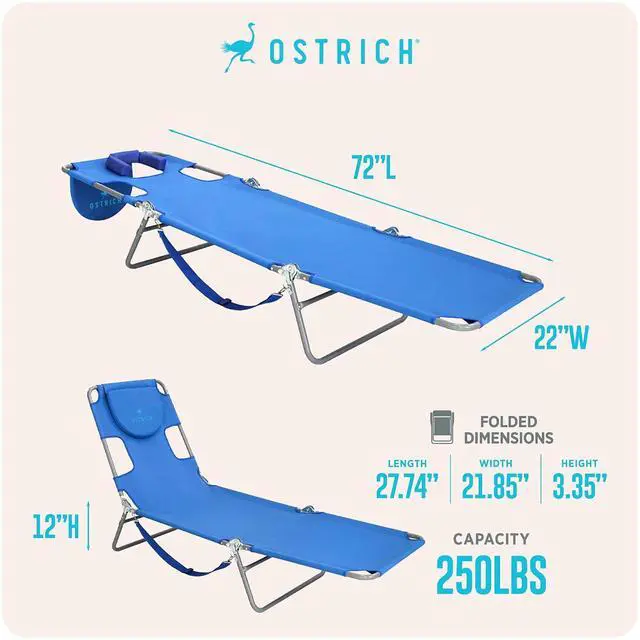 Alt view image 3 of 7 - Ostrich The Original Chaise Lounge 72 x 22 Inch Portable Reclining Lounger | Outdoor Patio, Beach, Lawn, Camping, or Pool Tanning Chair, Ocean Blue