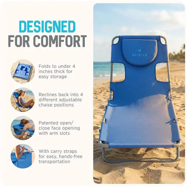 Alt view image 6 of 7 - Ostrich The Original Chaise Lounge 72 x 22 Inch Portable Reclining Lounger | Outdoor Patio, Beach, Lawn, Camping, or Pool Tanning Chair, Ocean Blue