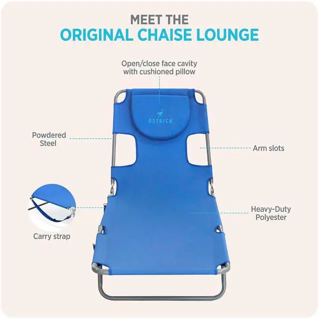 Alt view image 7 of 7 - Ostrich The Original Chaise Lounge 72 x 22 Inch Portable Reclining Lounger | Outdoor Patio, Beach, Lawn, Camping, or Pool Tanning Chair, Ocean Blue