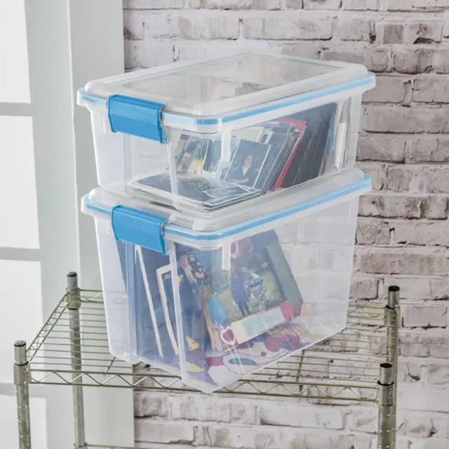 Alt view image 4 of 7 - Sterilite Gasket Storage Box with Lids for Home & Office, 12 Quart, 6-Pack | Heavy-Duty, Stackable, and Organizing Containers for Bathroom, Cabinet, Closet, and Garage, Clear and Blue Aquarium Latches