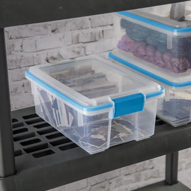 Alt view image 5 of 7 - Sterilite Gasket Storage Box with Lids for Home & Office, 12 Quart, 6-Pack | Heavy-Duty, Stackable, and Organizing Containers for Bathroom, Cabinet, Closet, and Garage, Clear and Blue Aquarium Latches