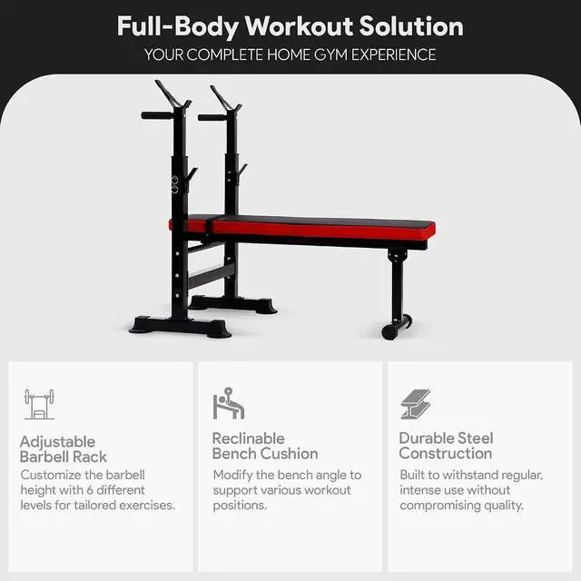 Alt view image 2 of 7 - BalanceFrom Steel Weight Bench w/ Squat Rack in Multiple Colors, 400 lb User Capacity - Foldable Home Gym Equipment for Range of Workouts w/ 6-Position Barbell Holder & Adjustable Seat and Recliner