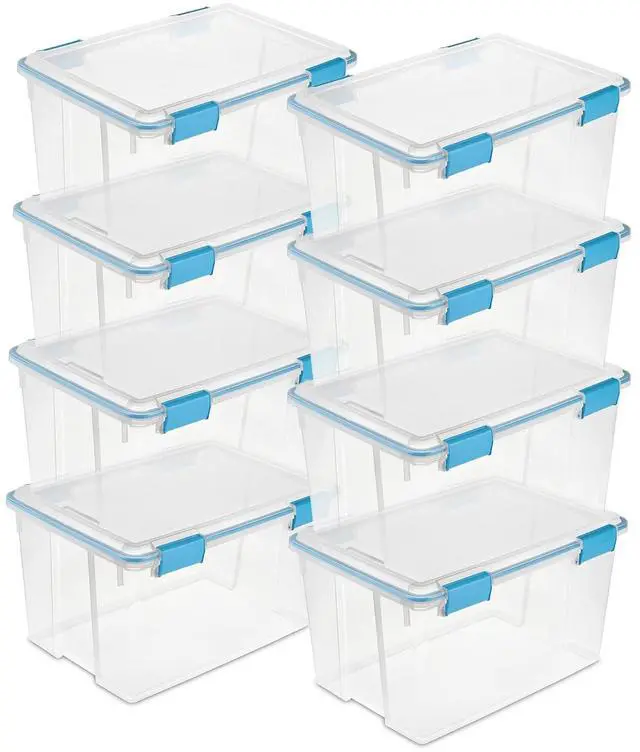 Main image of Sterilite Gasket Storage Box with Lids for Home & Office, 54 Quart, 8-Pack | Heavy-Duty, Stackable, and Organizing Containers for Bathroom, Cabinet, Closet, and Garage, Clear and Blue Aquarium Latches