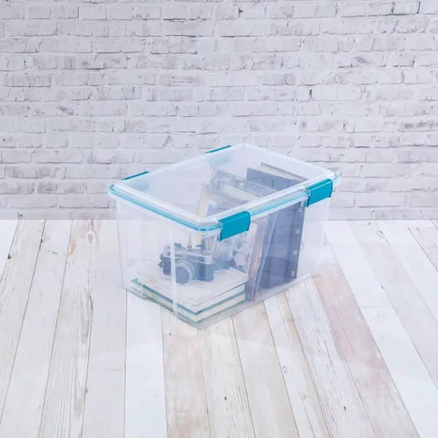 Alt view image 7 of 7 - Sterilite Gasket Storage Box with Lids for Home & Office, 54 Quart, 8-Pack | Heavy-Duty, Stackable, and Organizing Containers for Bathroom, Cabinet, Closet, and Garage, Clear and Blue Aquarium Latches