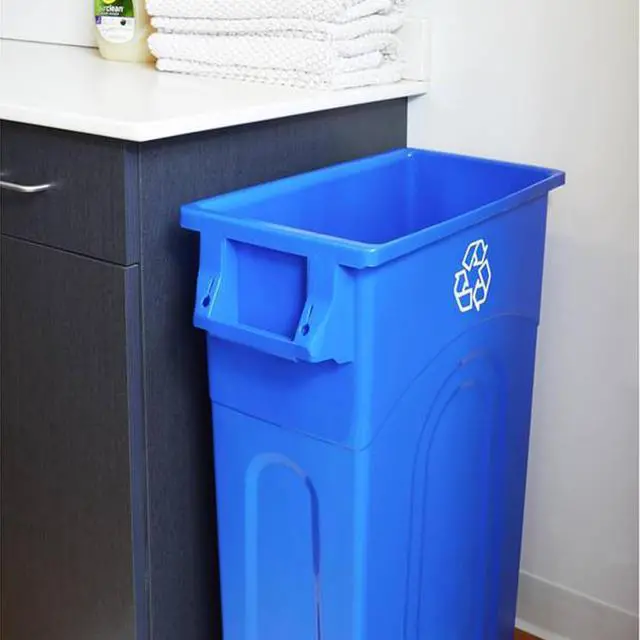 Alt view image 5 of 7 - United Solutions Highboy Recycling Container, 23 Gallon, Space Saving Slim Profile and Easy Bag Removal for Indoor or Outdoor use, Recycle Blue, Plastic