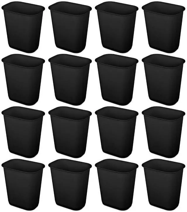 Main image of Sterilite 3 Gallon Rectangular Wastebasket Small Home Kitchen or Bathroom Trash Bin, Accommodates 4 Gallon Trash Liner, 16 Pack, Black