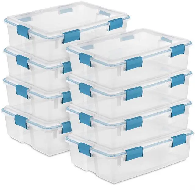 Main image of Sterilite Gasket Storage Box with Lids for Home & Office, 37 Quart, 8-Pack | Heavy-Duty, Stackable, and Organizing Containers for Bathroom, Cabinet, Closet, and Garage, Clear and Blue Aquarium Latches