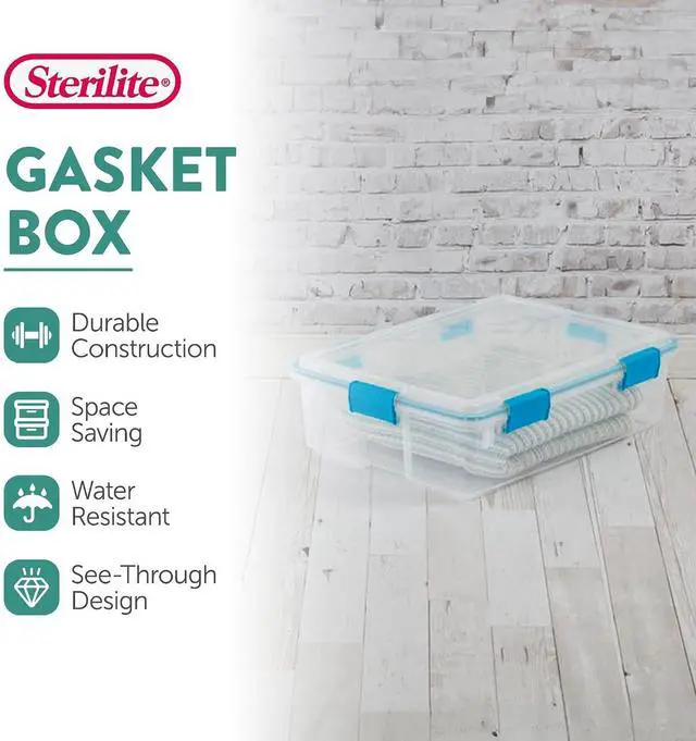 Alt view image 2 of 7 - Sterilite Gasket Storage Box with Lids for Home & Office, 37 Quart, 8-Pack | Heavy-Duty, Stackable, and Organizing Containers for Bathroom, Cabinet, Closet, and Garage, Clear and Blue Aquarium Latches