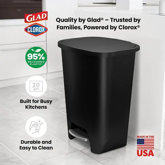 Alt view image 6 of 7 - Glad Trash Can with Clorox Odor Protection | Plastic Bin, 20 Gal, Black | Kitchen Waste Bin | Hands Free with Step On Foot Pedal and Garbage Bag Rings