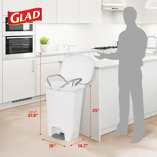 Alt view image 2 of 7 - Glad 13 Gallon Trash Can with Clorox Odor Protection | Plastic Kitchen Waste Bin | Hands Free with Step On Foot Pedal and Garbage Bag Rings, White