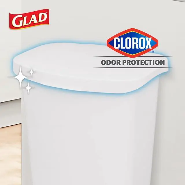 Alt view image 3 of 7 - Glad 13 Gallon Trash Can with Clorox Odor Protection | Plastic Kitchen Waste Bin | Hands Free with Step On Foot Pedal and Garbage Bag Rings, White