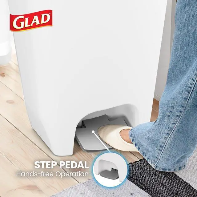 Alt view image 4 of 7 - Glad 13 Gallon Trash Can with Clorox Odor Protection | Plastic Kitchen Waste Bin | Hands Free with Step On Foot Pedal and Garbage Bag Rings, White
