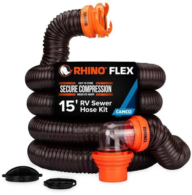 Main image of Camco RhinoFLEX 15-Ft Complete RV Sewer Hose Kit - Made in the USA | Includes Clear Elbow w/ Sewer Adapter, 15ft Sewer Hose, & 360 Swivel Fittings - Fits in Standard 4" RV Bumper (39770)