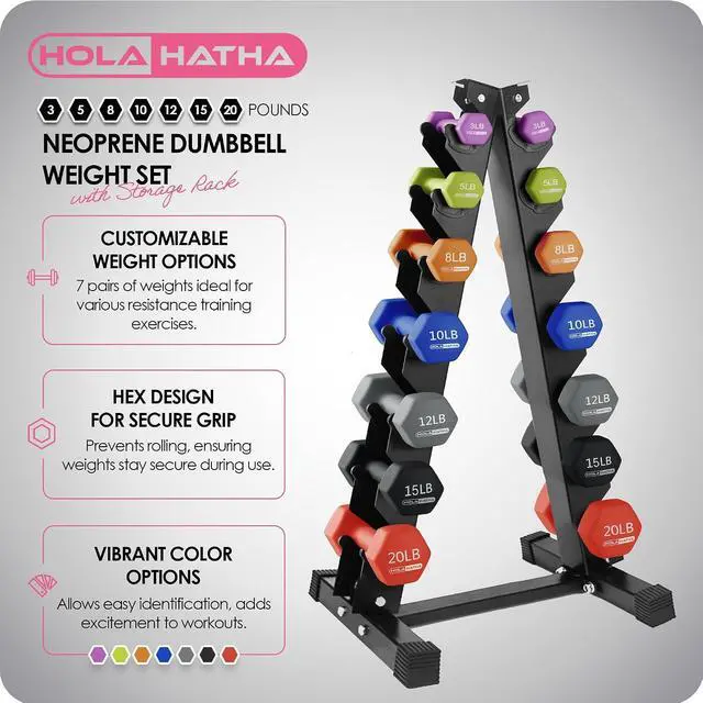 Alt view image 2 of 7 - HolaHatha 1, 2 and 3 lb Neoprene Dumbbell Strength Training Weight Set with Rack