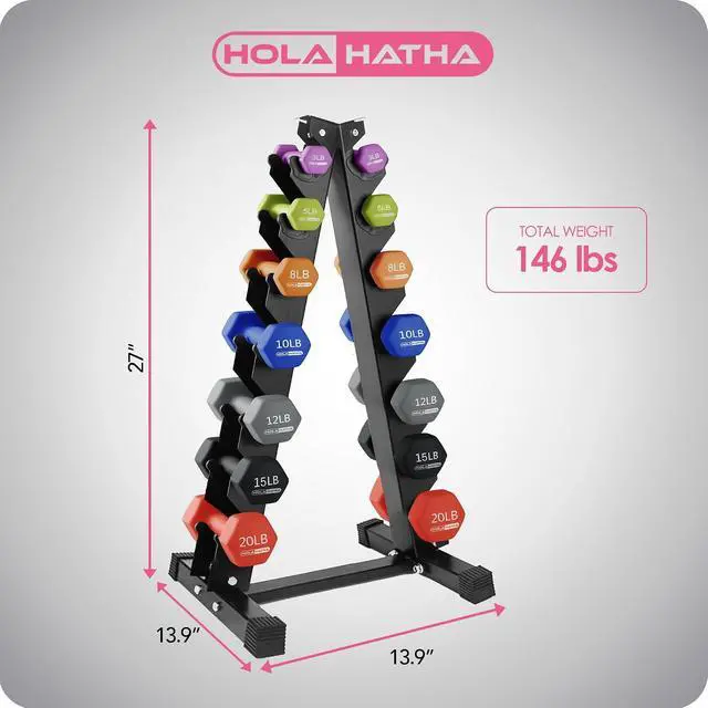Alt view image 3 of 7 - HolaHatha 1, 2 and 3 lb Neoprene Dumbbell Strength Training Weight Set with Rack