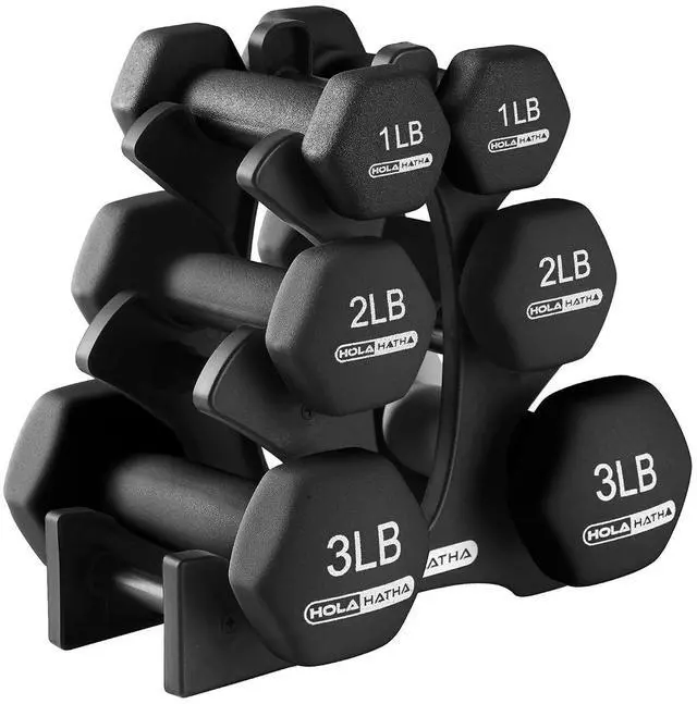 Main image of HolaHatha 1, 2 and 3 lb Neoprene Dumbbell Strength Training Weight Set with Rack