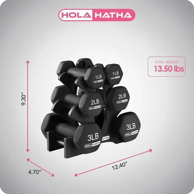 Alt view image 2 of 7 - HolaHatha 1, 2 and 3 lb Neoprene Dumbbell Strength Training Weight Set with Rack