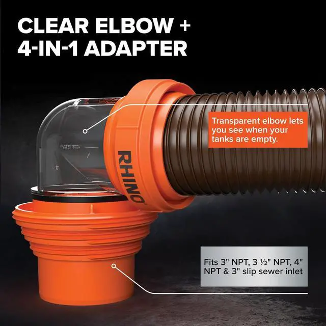 Alt view image 5 of 7 - Camco RhinoFLEX 15-Ft Complete RV Sewer Hose Kit - Made in the USA | Includes Clear Elbow w/ Sewer Adapter, 15ft Sewer Hose, & 360 Swivel Fittings - Fits in Standard 4" RV Bumper (39770)