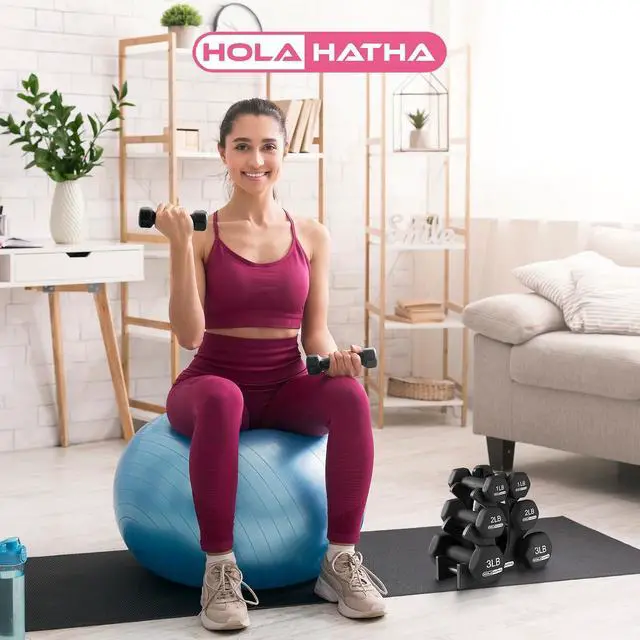 Alt view image 4 of 7 - HolaHatha 1, 2 and 3 lb Neoprene Dumbbell Strength Training Weight Set with Rack