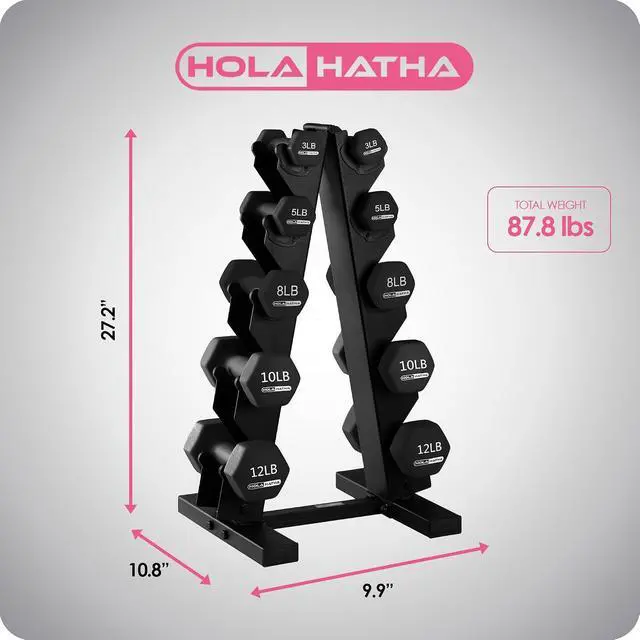 Alt view image 3 of 7 - HolaHatha 1, 2 and 3 lb Neoprene Dumbbell Strength Training Weight Set with Rack