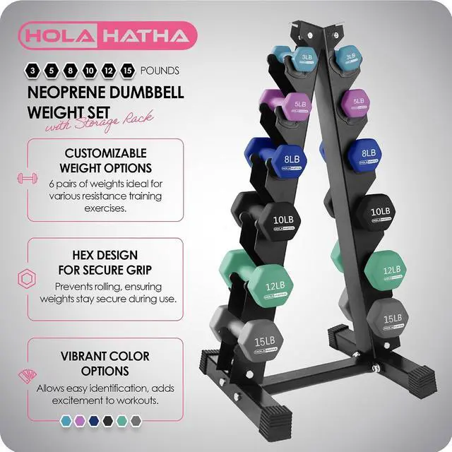 Alt view image 2 of 7 - HolaHatha 1, 2 and 3 lb Neoprene Dumbbell Strength Training Weight Set with Rack
