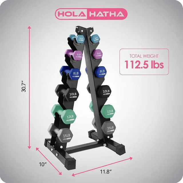 Alt view image 3 of 7 - HolaHatha 1, 2 and 3 lb Neoprene Dumbbell Strength Training Weight Set with Rack