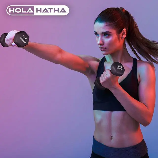 Alt view image 4 of 7 - HolaHatha 1, 2 and 3 lb Neoprene Dumbbell Strength Training Weight Set with Rack