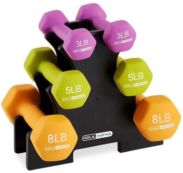 Main image of HolaHatha 1, 2 and 3 lb Neoprene Dumbbell Strength Training Weight Set with Rack