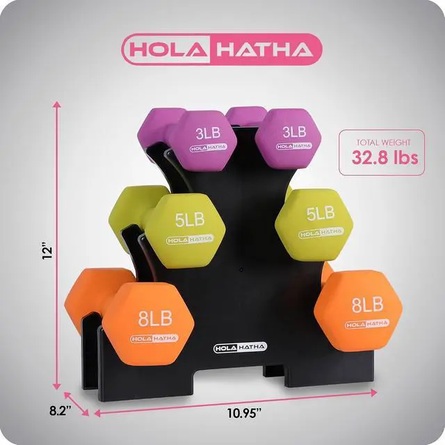 Alt view image 3 of 7 - HolaHatha 1, 2 and 3 lb Neoprene Dumbbell Strength Training Weight Set with Rack
