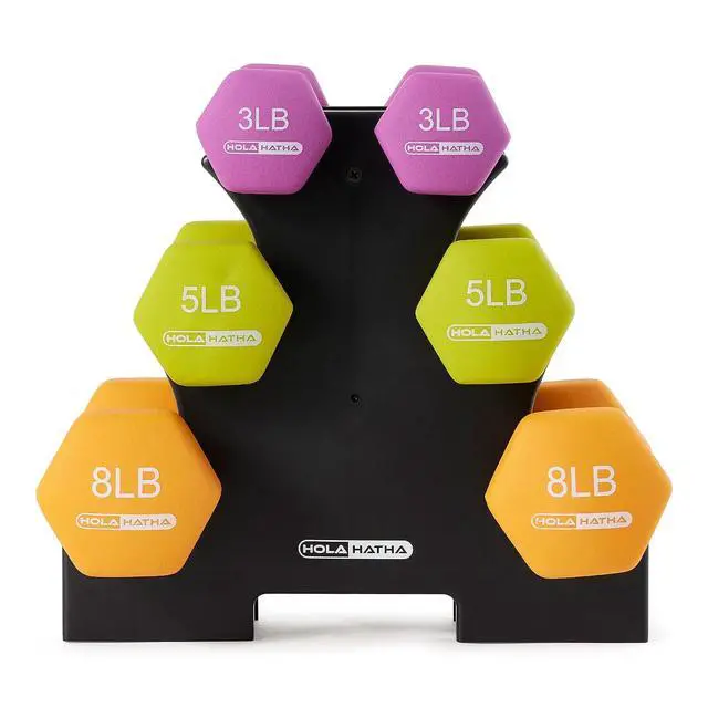 Alt view image 6 of 7 - HolaHatha 1, 2 and 3 lb Neoprene Dumbbell Strength Training Weight Set with Rack