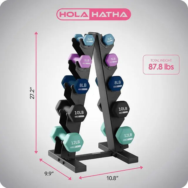 Alt view image 3 of 7 - HolaHatha 1, 2 and 3 lb Neoprene Dumbbell Strength Training Weight Set with Rack